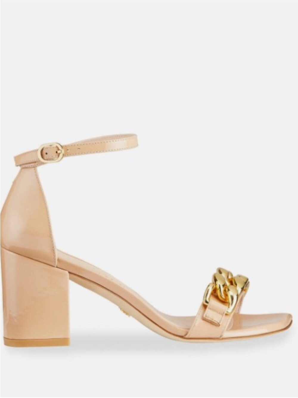 Stuart Weitzman Nude tan Gold Amelina chunky chain Block Heels Sandals size 10 - Picture 3 of 11